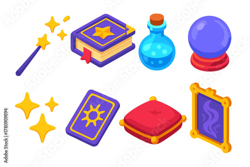 Mystic Storytelling Icons. Isometric vector illustration set Storytelling icons – magic wand, spell book, potion vial; crystal