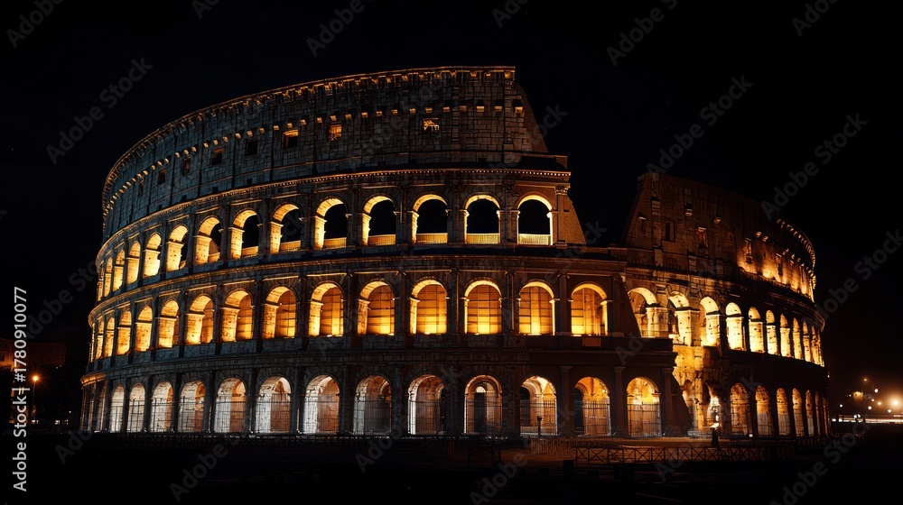 Naklejka premium Illuminated ancient amphitheater, a symbol of history, stands tall against the night, its arches glowing warmly