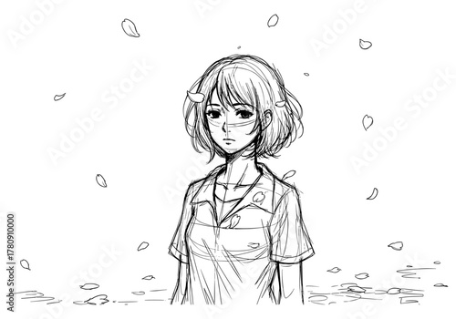 Melancholic anime girl in blossom sketch with falling petals