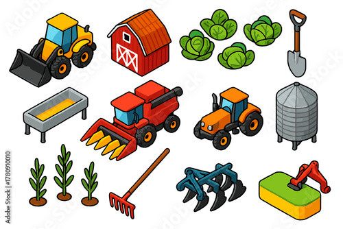 Agriculture Machinery Icons. Isometric vector illustration set agriculture: utility loader tractor, country barn, cabbage plants,