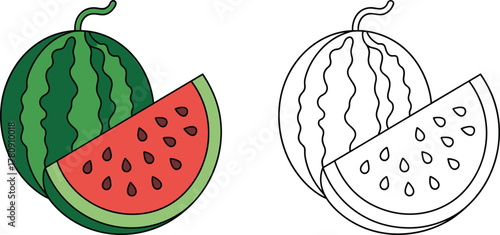 Watermelon fruit illustration, colorful slice vector, black and white outline drawing, healthy food clipart, summer fruit design, children coloring page