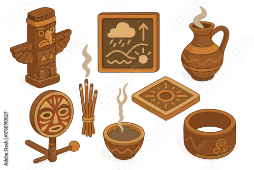 Isometric Cultural Rituals. Isometric vector illustration set of Cultural rituals: guardian totem, painted face drum, purification