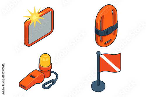 Diving Gear Icons. Isometric vector illustration set Underwater diving gear – signal mirror, sun glare hole, reflective surface;