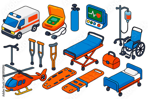 Healthcare Tools Icons. Isometric vector illustration set First Aid and Healthcare Tools: ambulance, defibrillator, oxygen tank,