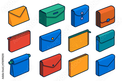 Colorful Stationery Icons. Isometric vector illustration set Stationery: document envelope, expanding wallet, string-tie envelope,