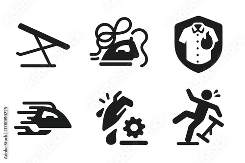 Ironing Safety Icons. Solid style icons of ironing accidents and mishaps: fallen board icon, tangled cord slab, scorched shirt