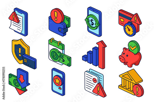 Financial Alert Icons. Isometric vector illustration set Financial Alerts: bill payment due alert, low account balance warning,