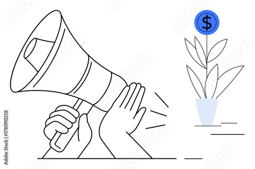 Hands holding a megaphone amplify a message, linked to a growing plant signifying financial growth with a dollar icon. Ideal for finance, marketing, investment, strategy, innovation, leadership