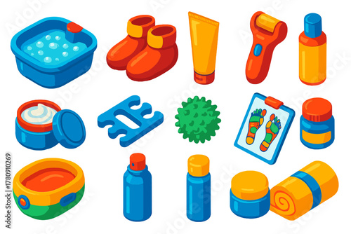 Wellness and Beauty Essentials. Isometric vector illustration set Wellness, Relaxation, and Beauty Essentials: foot spa basin,