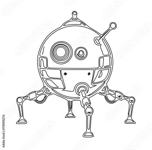 Line art illustration of a spherical space probe resembling a lunar lander. It features a large central sphere with two circular, eye-like designs on its surface, and a pair of antennas on top