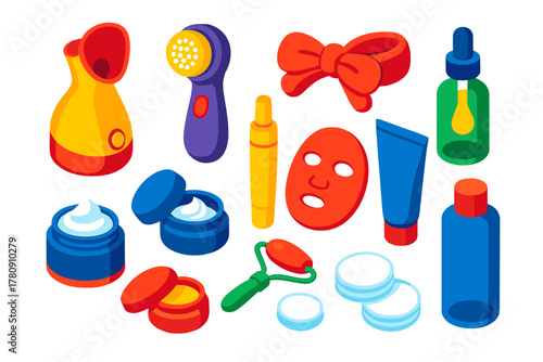 Wellness Beauty Essentials. Isometric vector illustration set Wellness, Relaxation, and Beauty Essentials: facial steamer,