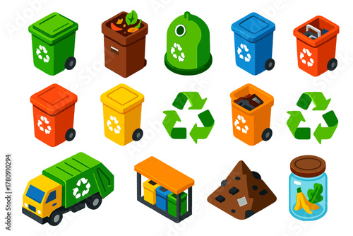 Sustainable Recycling Icons. Isometric vector illustration set Energy and Sustainability: recycling bin, compost bin, glass