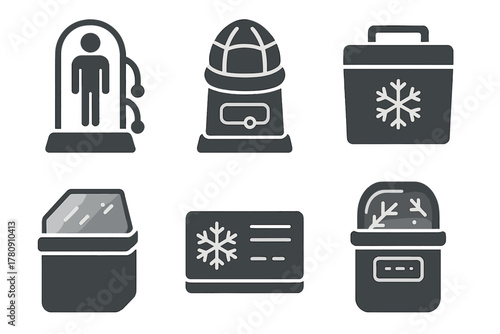 Cryo-Pod Technology Icons. Solid style icons of cryo-pod technology: transparent freeze chamber, oxygen lock seal, monitoring