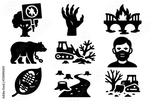 Human-Nature Conflict Icons. Solid style icons of human-nature tension: protesting tree icons, clawed human hands, burned bridges.