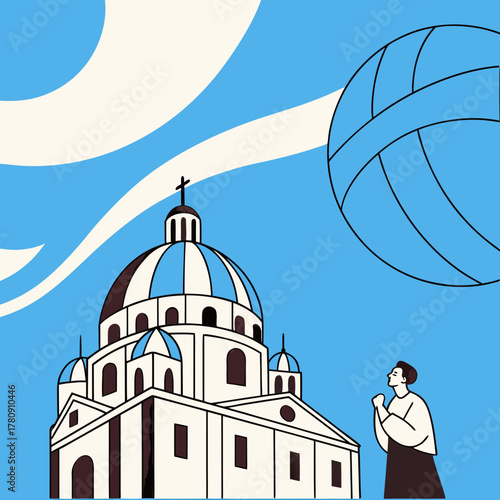 Man praying in front of a church under a blue sky with clouds  