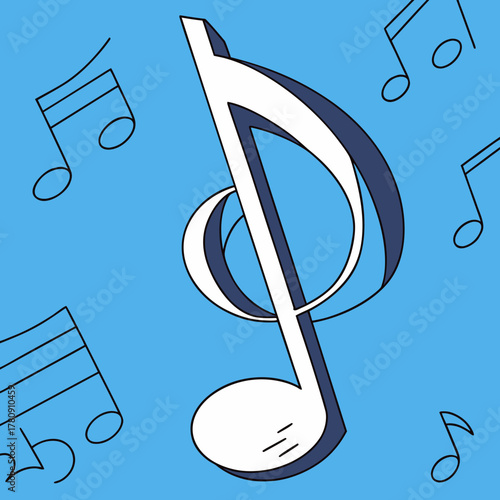 Quarter note and musical symbols on blue background concept of music  