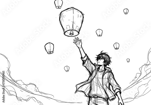 Young man releasing lanterns into the night sky in sketch style