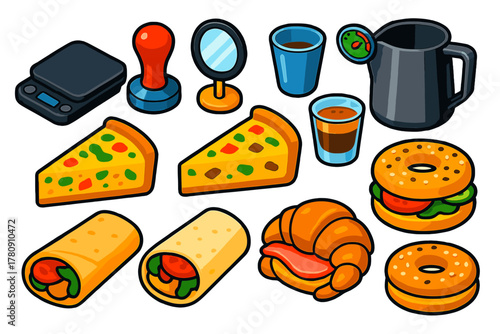 Coffee Tools & Breakfast Treats. Isometric vector illustration set Coffee Equipment and Breakfast Treats: barista scale, puck
