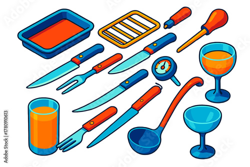 Colorful Kitchen Essentials. Isometric vector illustration set Kitchen and Dining Elements: oven tray, roasting rack, carving