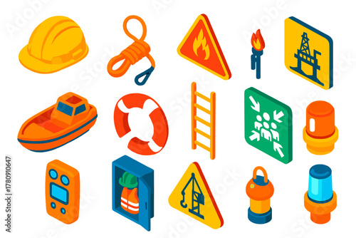 Offshore Safety Icons. Isometric vector illustration set Safety and Warning: oil rig safety helmet, lifeline, gas flare warning,