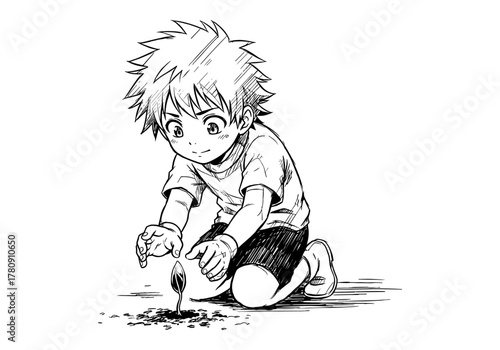 Curious child with seedling in manga art style