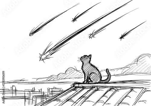 Sketch of cat on rooftop watching shooting stars in night sky