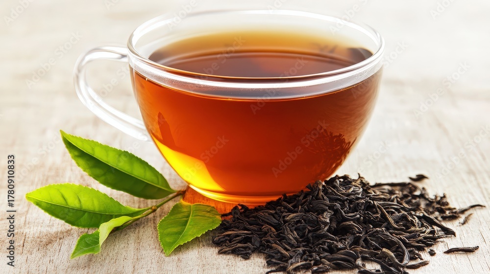 Fototapeta premium Aromatic dark tea in a glass cup on a light surface.