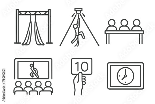 Aerial Silk Competition Icons. Line style icons of aerial silk competition scenes: stage silk setup, spotlight on performer, panel