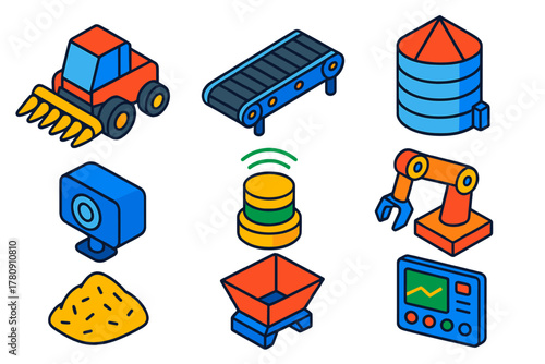 Smart Farming Tech. Isometric vector illustration set Smart farming – robotic harvester, conveyor belt, grain bin; vision camera,