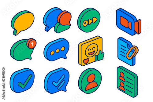 Communication Apps Icons. Isometric vector illustration set Messaging and Communication Apps: chat bubble, group chat icon, voice