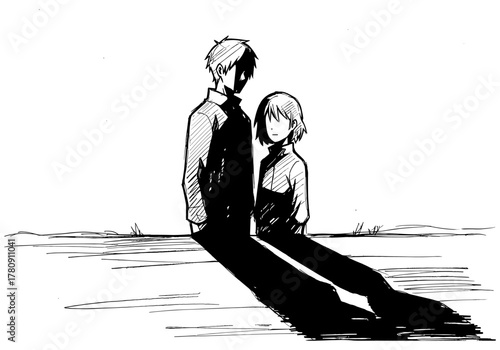 Monochrome anime style: two characters sitting with shadow play