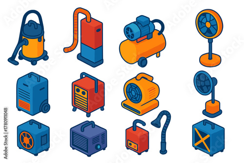 Colorful Tool Icons. Isometric vector illustration set Tools: shop vacuum, dust extractor, air compressor, portable fan,