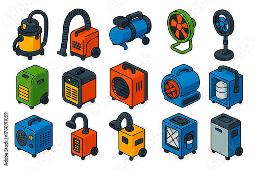 Colorful Tool Icons. Isometric vector illustration set Tools: shop vacuum, dust extractor, air compressor, portable fan,