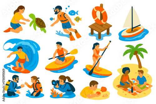 Ocean Adventure Icons. Isometric vector illustration set Ocean Adventure Tourism: turtle encounter, snorkeling with fish, coral