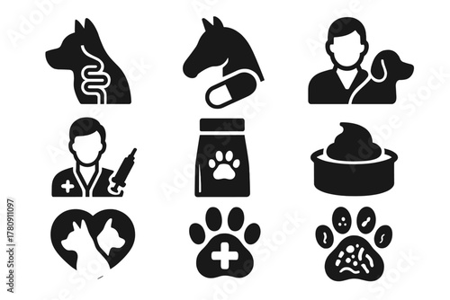 Veterinary Icons Collection. Solid style icons of veterinary FMT: dog gut symbol, horse with capsule, animal donor icon. Vet with