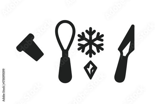 Ice Tool Icons. Solid style icons of frozen pattern creation: ice chisel icon, snow carving loop, frost design blade. Precision