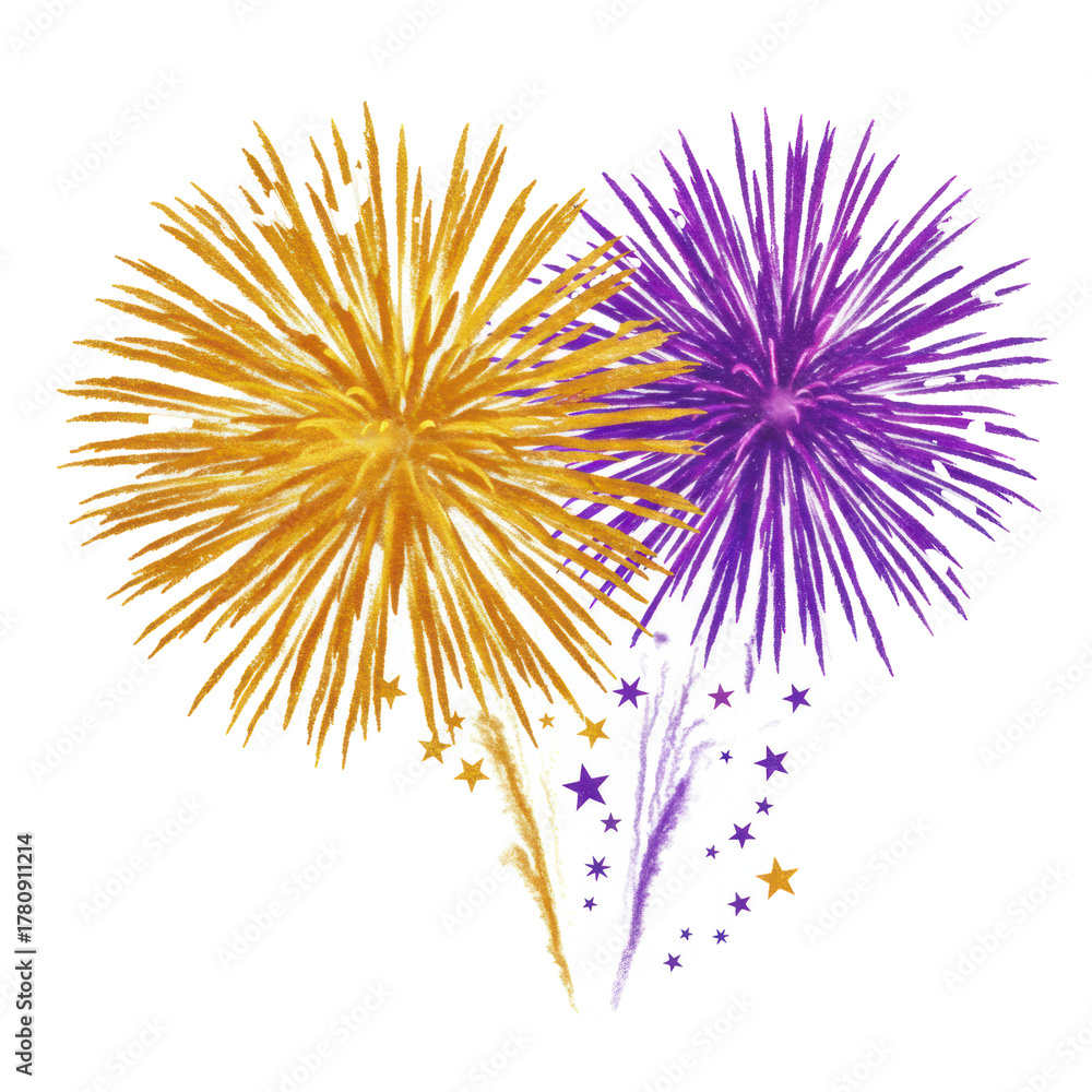 Obraz premium Two intricate gold and purple watercolor firework explosions radiating outwards with scattered stars on a transparent background with copy space, celebratory and jubilant atmosphere