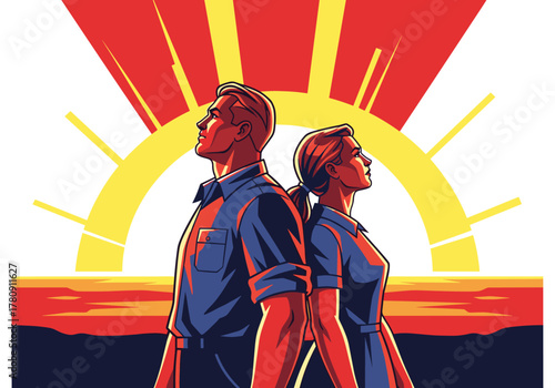 Retro pop art style couple with sunrise background