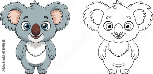 Cartoon koala vector illustration, cute Australian animal character, children coloring book page, wildlife creature drawing, friendly jungle art design for kids
