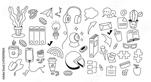 Outline Office and Work Doodle Icon set. Isolated Hand Drawn office supplies, technology, communication, workspace and creative tools. Vector illustration. Not AI