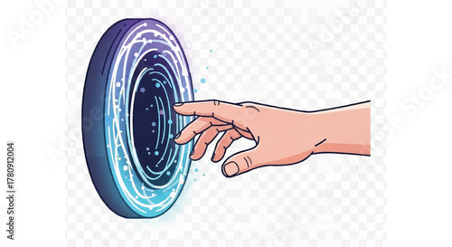 Gateway to the Unknown: A curious hand reaches towards a glowing portal, the swirling energy hinting at a journey through space and time. This image evokes a sense of exploration, wonder.