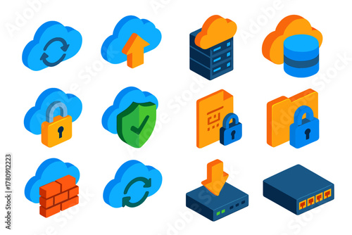 Cloud Backup Icons. Isometric vector illustration set Backup Cloud Icons: backup arrows, cloud upload, server rack, database