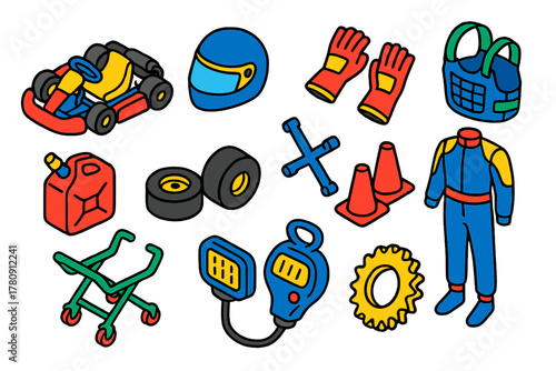 Kart Racing Essentials. Isometric vector illustration set Kart Racing Equipment Outline Style: go-kart, karting helmet, racing