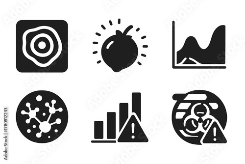 Food Spoilage Icons. Solid style icons of food spoilage detection: microbial hotspot heatmap, early decay glow, mold signature