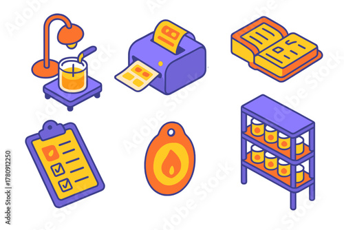Isometric Candle Workshop. Isometric vector illustration set Candle making – jar candle station, heat lamp, pour spout; label