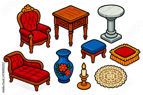 Antique Furniture Icons. Isometric vector illustration set Antique furniture – Victorian armchair, carved wooden side table,
