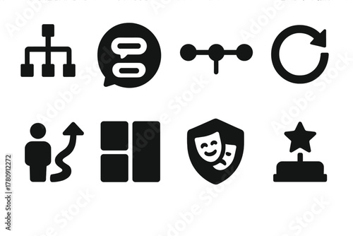 Narrative Icons Collection. Solid style icons of storytelling and narrative simulations: branching plot icon, dialogue choice