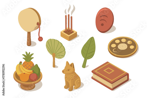 Cultural Ritual Artifacts. Isometric vector illustration set of Cultural rituals: prayer drum, blessing incense sticks, elder’s