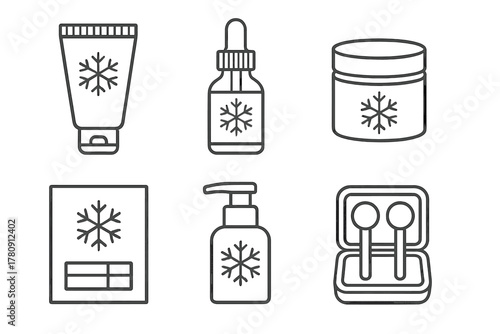 Cryo Skincare Icons. Line style icons of cryo skincare product packaging: frost tube bottle, dropper serum, gel container, icy box