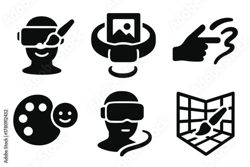 VR Art Emotions. Solid style icons of immersive VR painting emotions: headset with emotion brush, VR canvas ring, hand-motion
